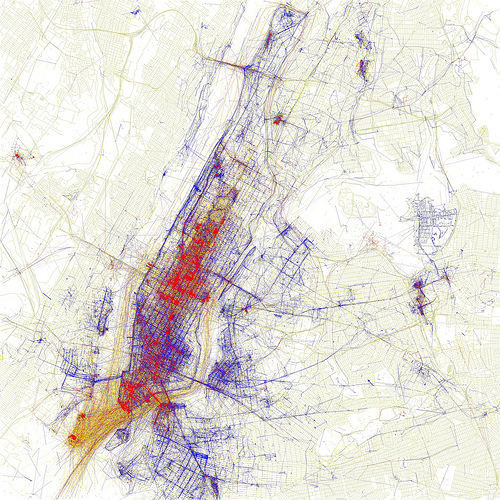 Manhattan. Dots represent where people have taken pictures; blue dots are by locals, red by tourists, and yellow unsure. [via Eric Fischer]